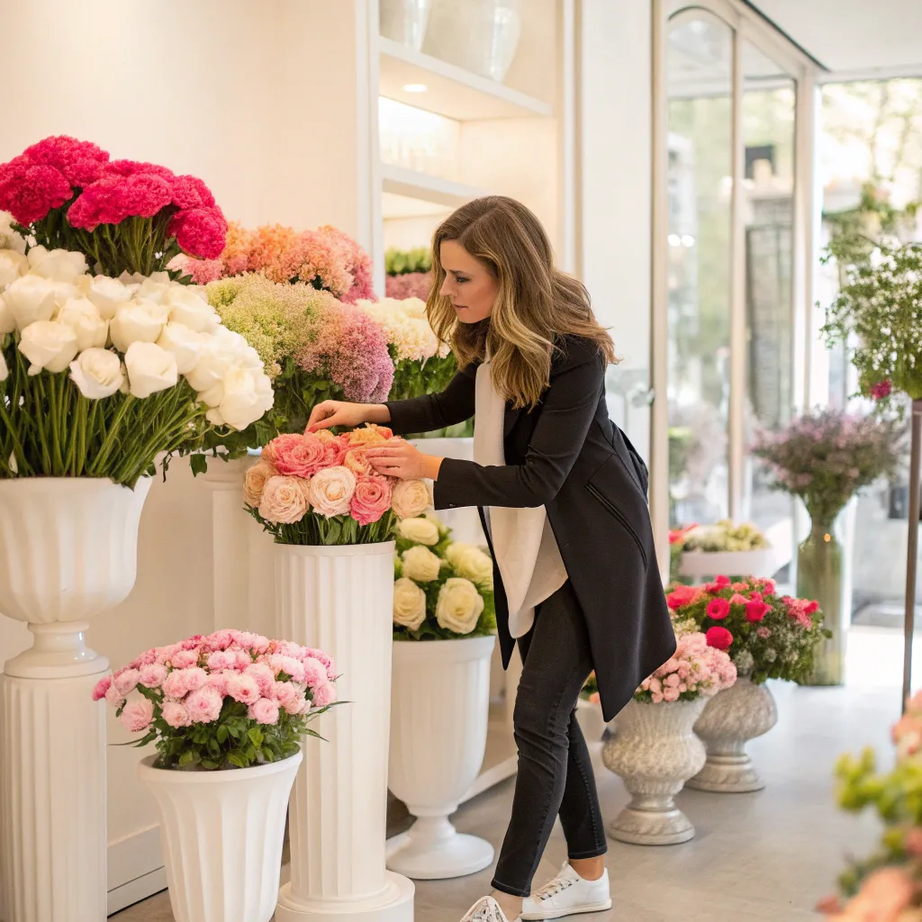 Samantha Dalton in her boutique with floral displays